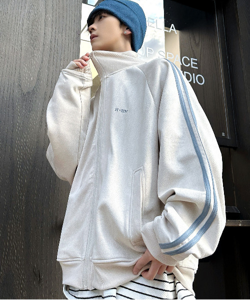 【セール】【neos】ルーズシルエット フェイクスウェード ワンポイント ロゴ刺繍 ライン ポンチ トラック ジャケット（ジャージ）｜neos（ネオス）