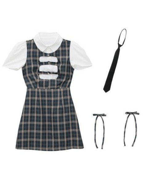 サンタコ スプレ カットアウト チェック ワンピース 制服 サンタ コスチューム 4点セット（コスチューム/パーティーグッズ）｜DAZZY（デイジー）