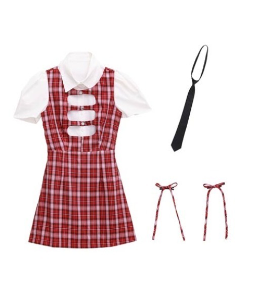 サンタコ スプレ カットアウト チェック ワンピース 制服 サンタ コスチューム 4点セット（コスチューム/パーティーグッズ）｜DAZZY（デイジー）