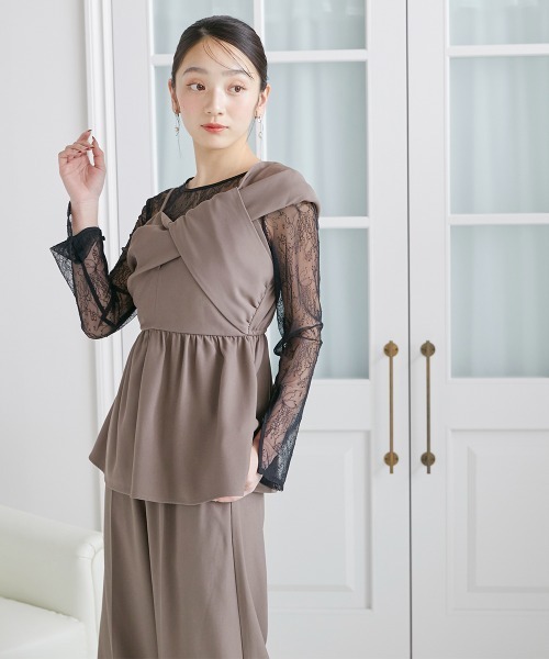 Jolie et Jolie（ジョリーエジョリー）の「アシメカッティング風トップス＋ワイドパンツセットアップドレス（パンツドレス・レディース・ライトブラウン/ブラック/チャコールグレー・L/M）」の13枚目の写真