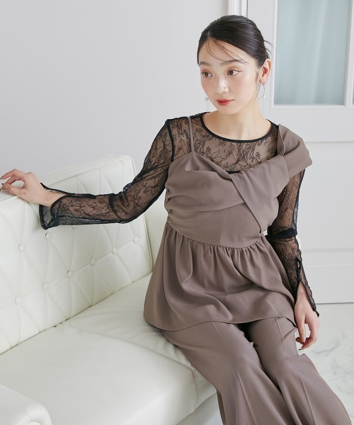 Jolie et Jolie（ジョリーエジョリー）の「アシメカッティング風トップス＋ワイドパンツセットアップドレス（パンツドレス・レディース・ライトブラウン/ブラック/チャコールグレー・L/M）」の18枚目の写真