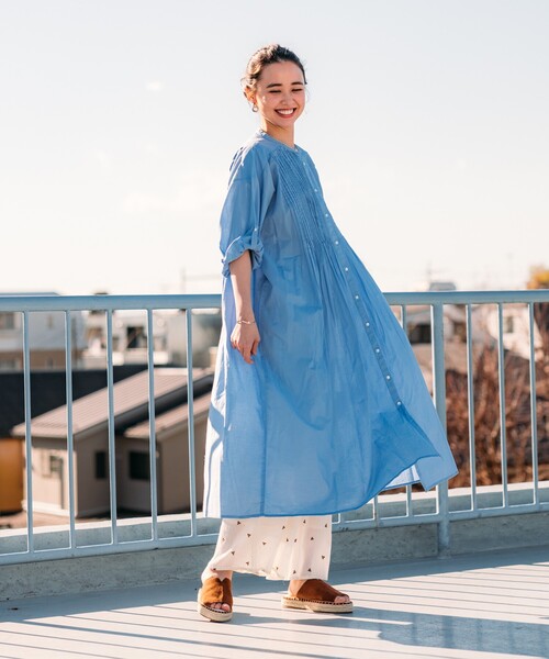 セール】インド ピンタックワンピース/マオカラーシャツワンピース