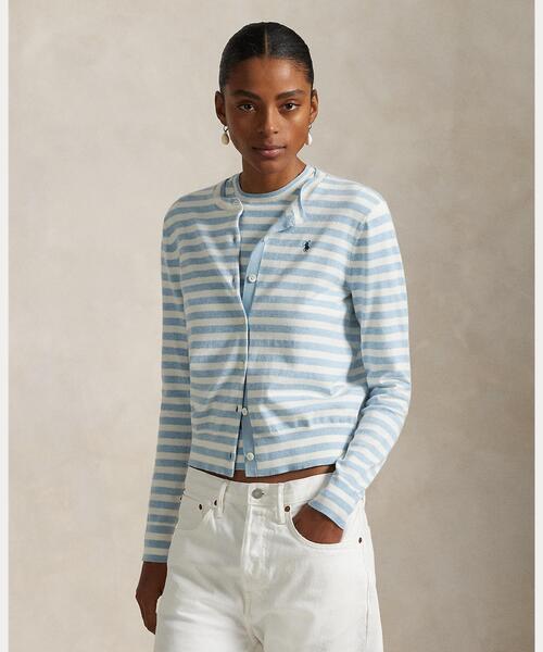 現行　極美品　POLO RALPH LAURENストライプ カーディガン セール】ストライプド コットンブレンド クルーネック