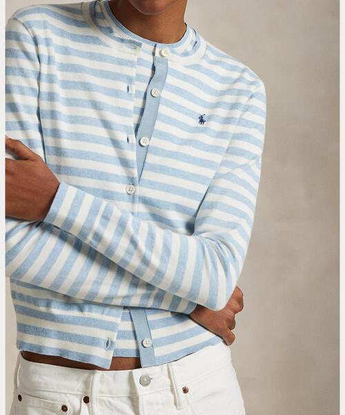現行　極美品　POLO RALPH LAURENストライプ カーディガン Polo Ralph Lauren ストライプコットンクルーネックカーディガン