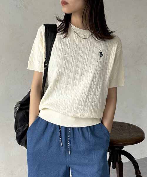 むくむくぷー です★美品★ピマコットン半袖ケーブルニット セール】ケーブル編み半袖ニット（ニット/セーター