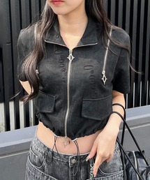 半袖クロップドショルダーZIPトップ