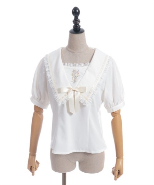 axes femme POETIQUE（アクシーズファムポエティック）の「リボン付チューリップ刺繍ブラウス（シャツ/ブラウス・レディース・キナリ/ネイビー/ラベンダー・MEDIUM）」の10枚目の写真