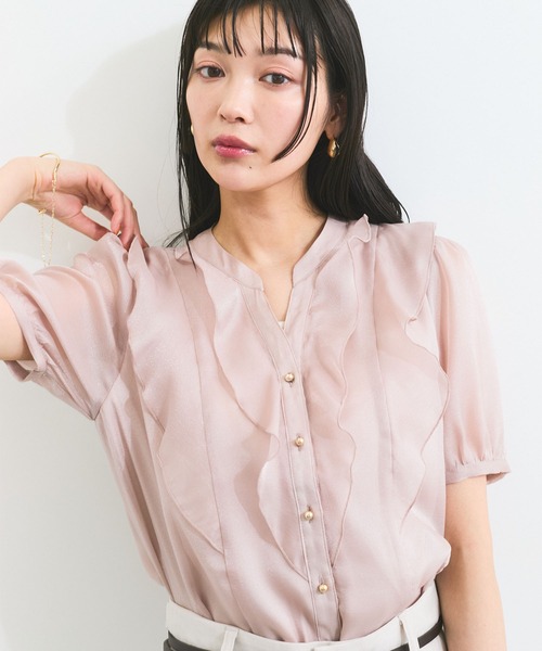ビス VIS 【洗える】シアーラッフル半袖ブラウス （ピンク（63）） ビス VIS 【洗える】シアーラッフル半袖ブラウス （ピンク（63