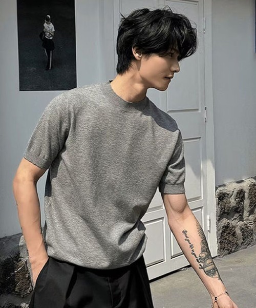 FreeZone(フリーゾーン)の「モックネック半袖ニット(Tシャツ/カットソー・メンズ・グレー/ブラック/ホワイト・F)」の3枚目の写真