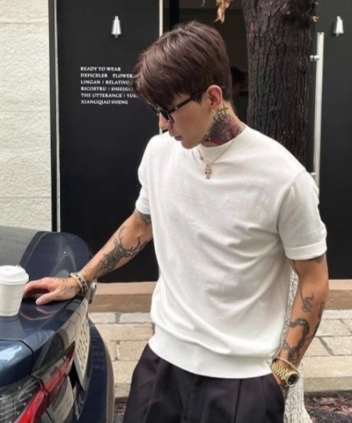 FreeZone(フリーゾーン)の「モックネック半袖ニット(Tシャツ/カットソー・メンズ・グレー/ブラック/ホワイト・F)」の2枚目の写真