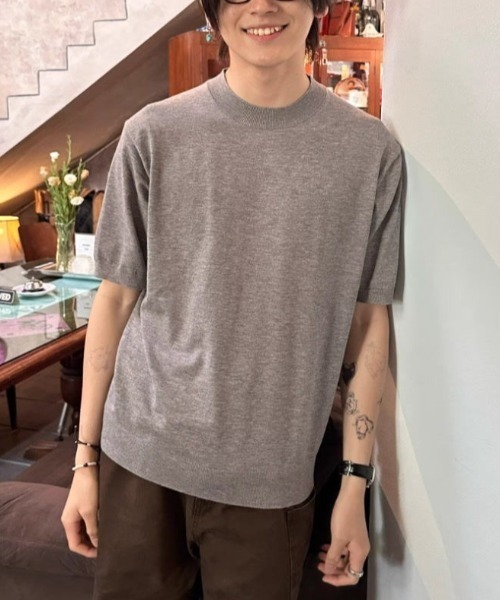 FreeZone(フリーゾーン)の「モックネック半袖ニット(Tシャツ/カットソー・メンズ・グレー/ブラック/ホワイト・F)」の11枚目の写真