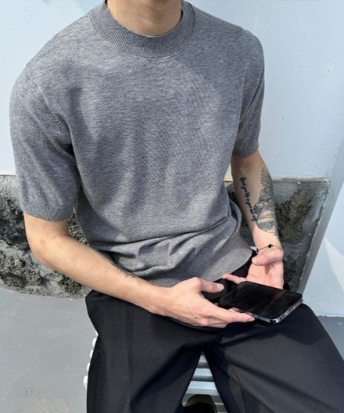 FreeZone(フリーゾーン)の「モックネック半袖ニット(Tシャツ/カットソー・メンズ・グレー/ブラック/ホワイト・F)」の10枚目の写真