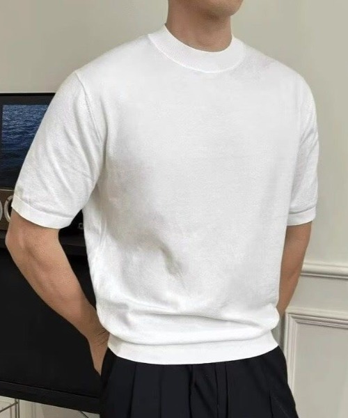 FreeZone(フリーゾーン)の「モックネック半袖ニット(Tシャツ/カットソー・メンズ・グレー/ブラック/ホワイト・F)」の6枚目の写真