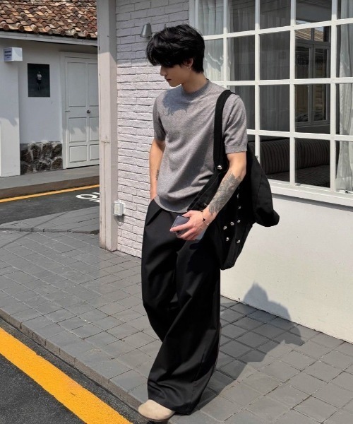 FreeZone(フリーゾーン)の「モックネック半袖ニット(Tシャツ/カットソー・メンズ・グレー/ブラック/ホワイト・F)」の22枚目の写真