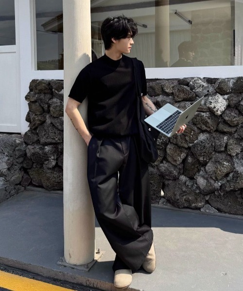 FreeZone(フリーゾーン)の「モックネック半袖ニット(Tシャツ/カットソー・メンズ・グレー/ブラック/ホワイト・F)」の18枚目の写真