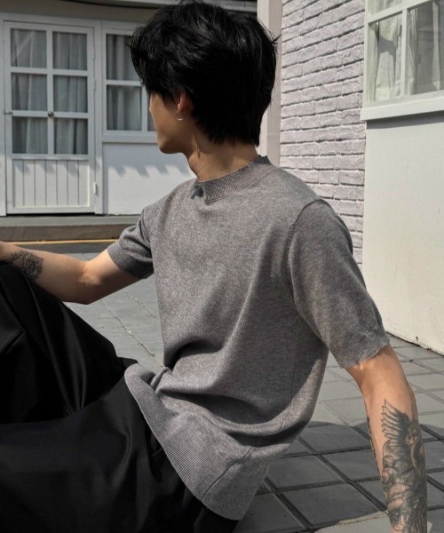 FreeZone(フリーゾーン)の「モックネック半袖ニット(Tシャツ/カットソー・メンズ・グレー/ブラック/ホワイト・F)」の17枚目の写真