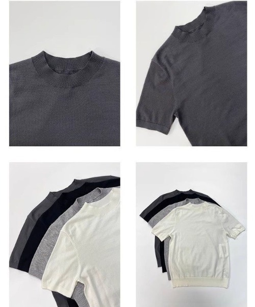 FreeZone(フリーゾーン)の「モックネック半袖ニット(Tシャツ/カットソー・メンズ・グレー/ブラック/ホワイト・F)」の14枚目の写真