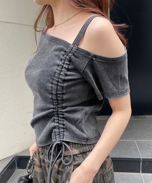 ROGER AND RAW(ロジャーアンドロウ)の「ワンショルダー半袖ドロストトップス(Tシャツ/カットソー・レディース・ホワイト/ブラック/グレー/杢グレー/カーキ・FREE)」の7枚目の写真
