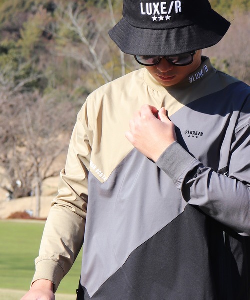 LUXE/R GOLF（ラグジュ ゴルフ）の「(RM)【LUXE/R GOLF】ストレッチ クロス 切り替え 配色 モックネック プルオーバー シャツ（スウェット・メンズ・ベージュ系/ブラック系/ホワイト系・L/XL/M）」の3枚目の写真