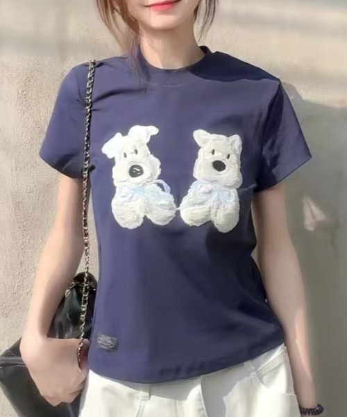 Vipoa(ヴィポア)の「Dog slim tee(Tシャツ/カットソー・レディース・ネイビー/ホワイト/ブラック・FREE)」の3枚目の写真