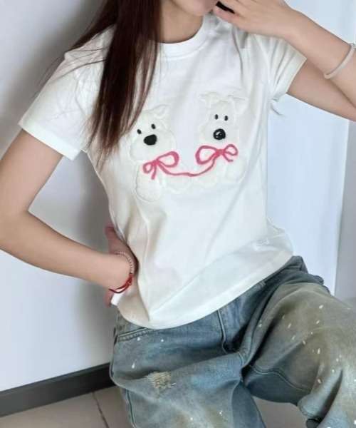 Vipoa(ヴィポア)の「Dog slim tee(Tシャツ/カットソー・レディース・ネイビー/ホワイト/ブラック・FREE)」の2枚目の写真