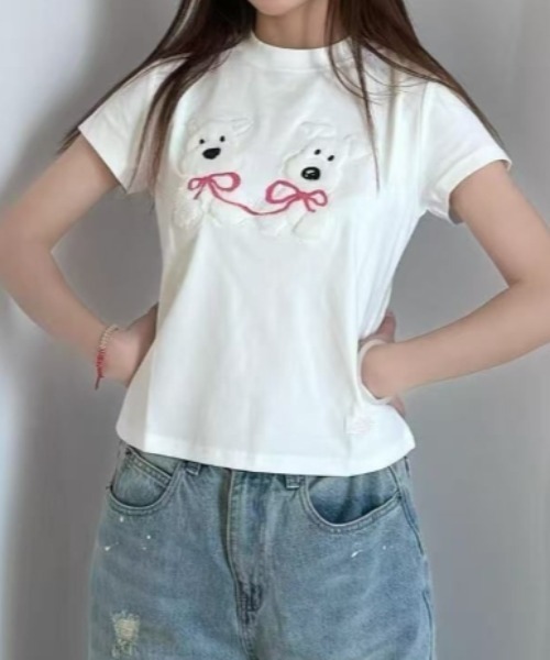 Vipoa(ヴィポア)の「Dog slim tee(Tシャツ/カットソー・レディース・ネイビー/ホワイト/ブラック・FREE)」の4枚目の写真