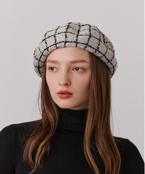Chapeau d' O(シャポードオー)の「Chapeau d' O TM Check Tweed Beret / シャポードオー(ハンチング/ベレー帽・レディース・ブラック/ブルー/ホワイト・M/57.5cm)」の2枚目の写真