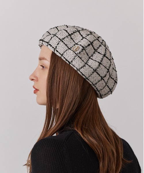 Chapeau d' O(シャポードオー)の「Chapeau d' O TM Check Tweed Beret / シャポードオー(ハンチング/ベレー帽・レディース・ブラック/ブルー/ホワイト・M/57.5cm)」の13枚目の写真