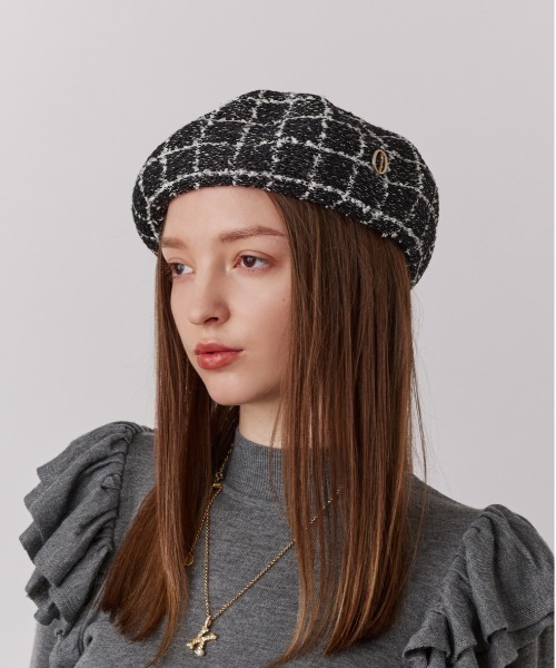 Chapeau d' O(シャポードオー)の「Chapeau d' O TM Check Tweed Beret / シャポードオー(ハンチング/ベレー帽・レディース・ブラック/ブルー/ホワイト・M/57.5cm)」の18枚目の写真