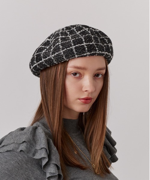 Chapeau d' O(シャポードオー)の「Chapeau d' O TM Check Tweed Beret / シャポードオー(ハンチング/ベレー帽・レディース・ブラック/ブルー/ホワイト・M/57.5cm)」の17枚目の写真