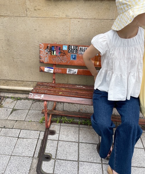 ISOOK（アイスー）の「ギャザースモックブラウス(comochi select) / フリルブラウス 袖フリル ティアードブラウス 半袖 クルーネック レッド ホワイト 赤 白（シャツ/ブラウス・レディース・レッド/ホワイト・FREE）」の12枚目の写真