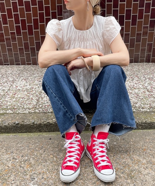 ISOOK（アイスー）の「ギャザースモックブラウス(comochi select) / フリルブラウス 袖フリル ティアードブラウス 半袖 クルーネック レッド ホワイト 赤 白（シャツ/ブラウス・レディース・レッド/ホワイト・FREE）」の14枚目の写真