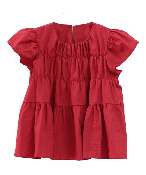 ISOOK（アイスー）の「ギャザースモックブラウス(comochi select) / フリルブラウス 袖フリル ティアードブラウス 半袖 クルーネック レッド ホワイト 赤 白（シャツ/ブラウス・レディース・レッド/ホワイト・FREE）」の15枚目の写真