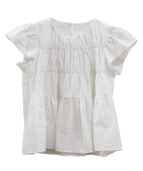 ISOOK（アイスー）の「ギャザースモックブラウス(comochi select) / フリルブラウス 袖フリル ティアードブラウス 半袖 クルーネック レッド ホワイト 赤 白（シャツ/ブラウス・レディース・レッド/ホワイト・FREE）」の16枚目の写真