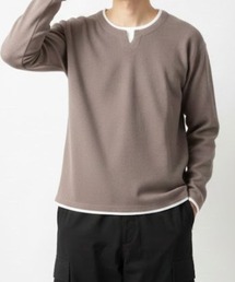 NAVY 時短フェイクレイヤード ワッフルキーネック長袖Tシャツ