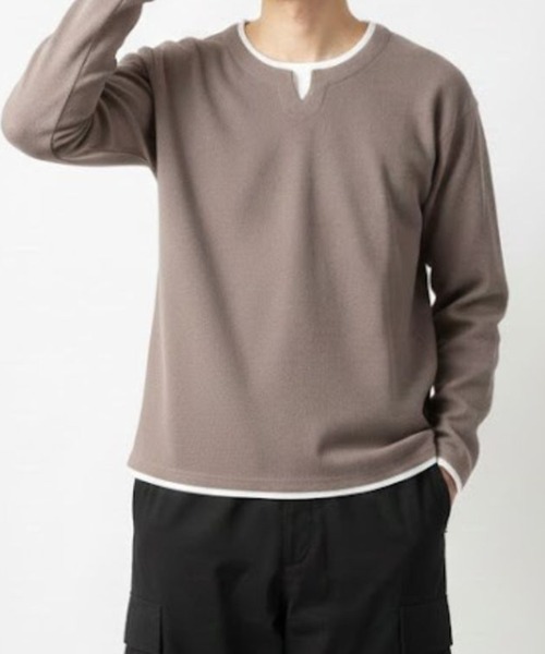 NAVY(ネイビー)の「NAVY 時短フェイクレイヤード ワッフルキーネック長袖Tシャツ(Tシャツ/カットソー・メンズ・ネイビー/ベージュ系/ライトグレー/ブラック・M/S/XL/L)」の1枚目の写真