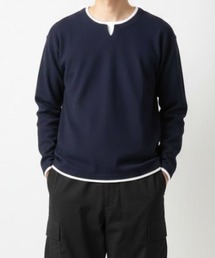 NAVY 時短フェイクレイヤード ワッフルキーネック長袖Tシャツ