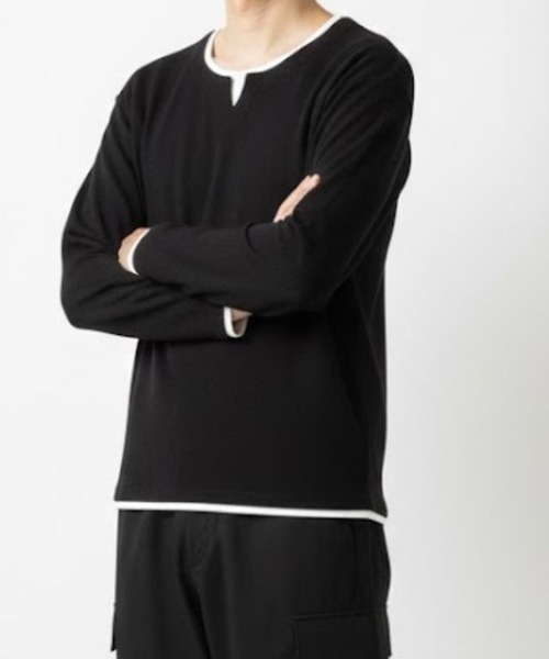 NAVY(ネイビー)の「NAVY 時短フェイクレイヤード ワッフルキーネック長袖Tシャツ(Tシャツ/カットソー・メンズ・ネイビー/ベージュ系/ライトグレー/ブラック・M/S/XL/L)」の2枚目の写真