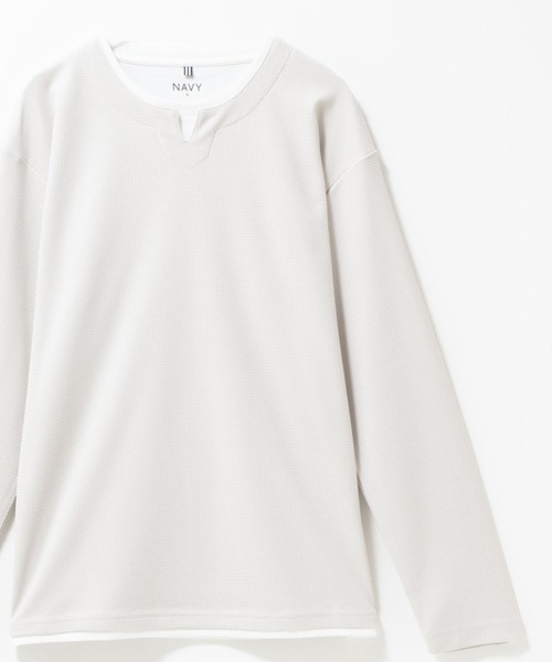 NAVY(ネイビー)の「NAVY 時短フェイクレイヤード ワッフルキーネック長袖Tシャツ(Tシャツ/カットソー・メンズ・ネイビー/ベージュ系/ライトグレー/ブラック・M/S/XL/L)」の5枚目の写真