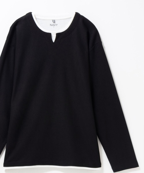 NAVY(ネイビー)の「NAVY 時短フェイクレイヤード ワッフルキーネック長袖Tシャツ(Tシャツ/カットソー・メンズ・ネイビー/ベージュ系/ライトグレー/ブラック・M/S/XL/L)」の7枚目の写真