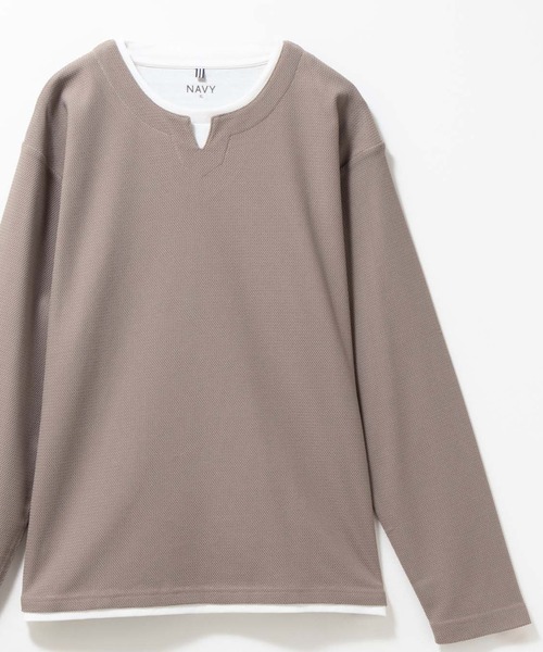 NAVY(ネイビー)の「NAVY 時短フェイクレイヤード ワッフルキーネック長袖Tシャツ(Tシャツ/カットソー・メンズ・ネイビー/ベージュ系/ライトグレー/ブラック・M/S/XL/L)」の9枚目の写真