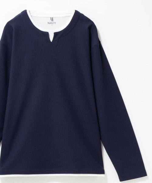 NAVY(ネイビー)の「NAVY 時短フェイクレイヤード ワッフルキーネック長袖Tシャツ(Tシャツ/カットソー・メンズ・ネイビー/ベージュ系/ライトグレー/ブラック・M/S/XL/L)」の11枚目の写真