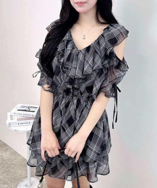 極美品♡ルネ♡肩フリル ワンピース ルネ 6446110 ワンピース 36 グレー フリル袖 フラワージップ