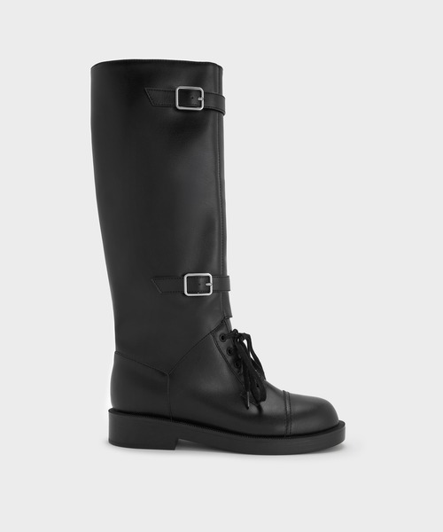 CHARLES & KEITH（チャールズ & キース）の「ダブルバックル コンバットロングブーツ（ブーツ・レディース・ブラック/ブラウン・25cm/24.5cm/23.5cm/23cm）」の2枚目の写真