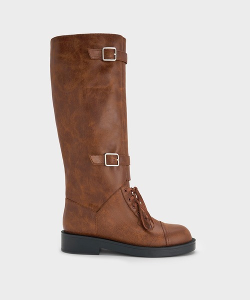 CHARLES & KEITH（チャールズ & キース）の「ダブルバックル コンバットロングブーツ（ブーツ・レディース・ブラック/ブラウン・25cm/24.5cm/23.5cm/23cm）」の5枚目の写真