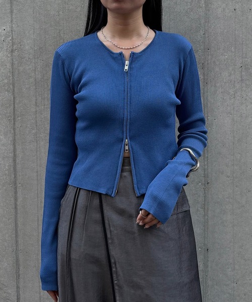&g'aime(アンジェム)の「【&g'aime】Wジップリブカーディガン Double Zip Ribbed Cardigan(ニット/セーター・レディース・ブルー/グレイッシュベージュ/ブラック/ブラウン・FREE)」の1枚目の写真