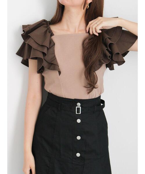 Te chichi（テチチ）の「ラッフルフリルドッキングトップス（Tシャツ/カットソー・レディース・ブラック/モカ・F）」の2枚目の写真