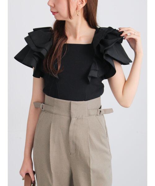 Te chichi（テチチ）の「ラッフルフリルドッキングトップス（Tシャツ/カットソー・レディース・ブラック/モカ・F）」の3枚目の写真