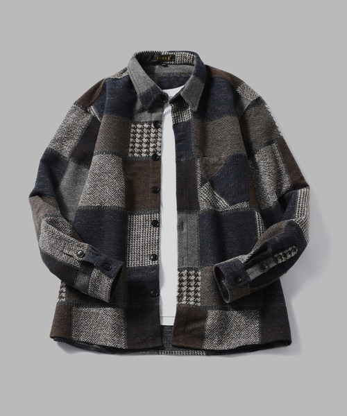 TOBEE（トゥビー）の「【TOBEE】古着パッチ チェック シャツジャケット/シャギー（ニット/セーター・メンズ・グレー/グリーン/ネイビー・LARGE/XX-LARGE/MEDIUM/X-LARGE）」の4枚目の写真