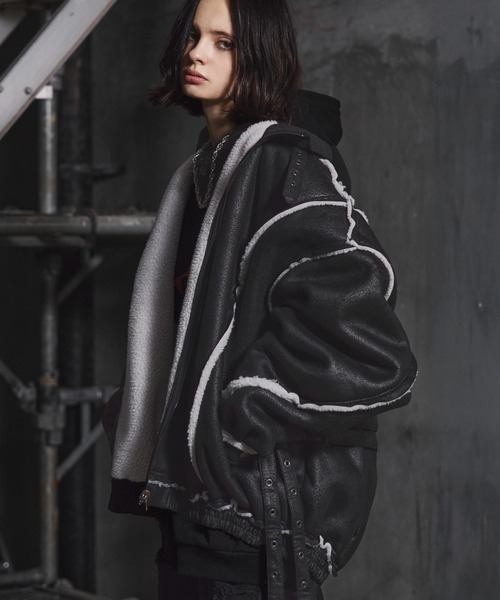 ERAR】ダブルベルトデザインクラッシュ加工裏ボアフェイクムートン